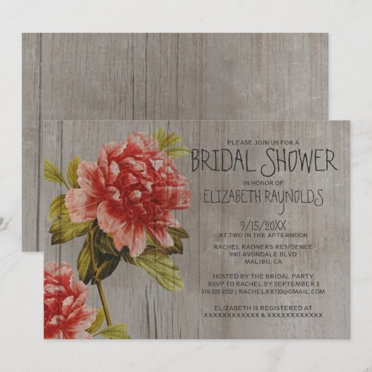 Rustic Peony Bridal Shower Invitations Kaart (Voorkant / Achterkant)