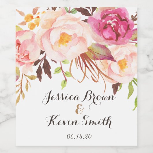 Rustic Peony Floral Personalized Wedding Wijn Etiket (Enkel label)