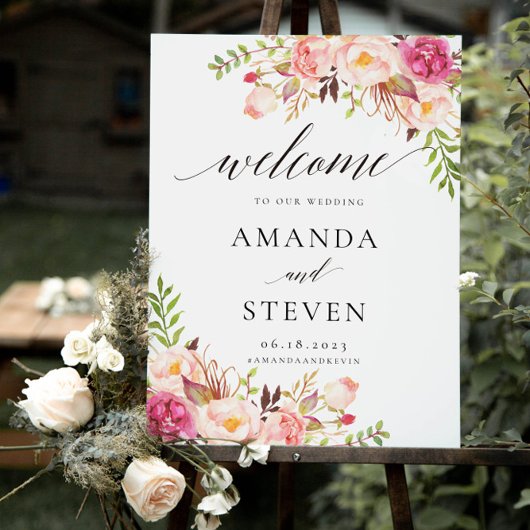Rustic Peony Floral Wedding Welcome Sign Poster