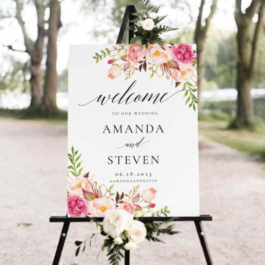 Rustic Peony Floral Wedding Welcome Sign Poster