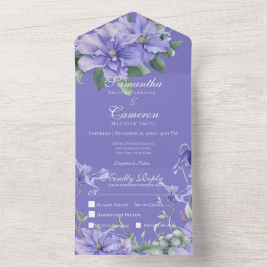 Rustic Peri Flowers & Butterfly Paars Dinner All In One Uitnodiging (Binnen)