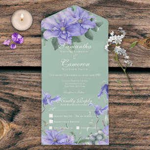 Rustic Periwinkle Flowers & Butterfly Green Dinner All In One Uitnodiging
