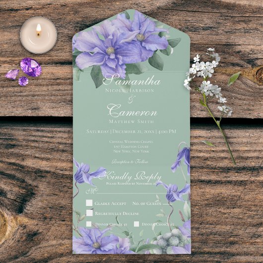 Rustic Periwinkle Flowers & Butterfly Green Dinner All In One Uitnodiging