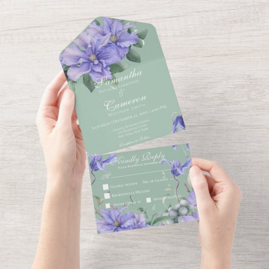 Rustic Periwinkle Flowers & Butterfly Green Dinner All In One Uitnodiging (Afscheurbaar)
