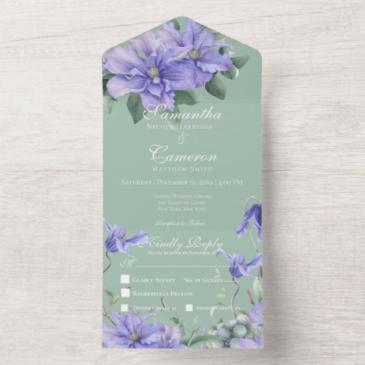 Rustic Periwinkle Flowers & Butterfly Green Dinner All In One Uitnodiging (Binnen)
