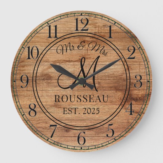 Rustic Personal Wedding Pas getrouwd Monogram Wood Grote Klok (Voorkant)