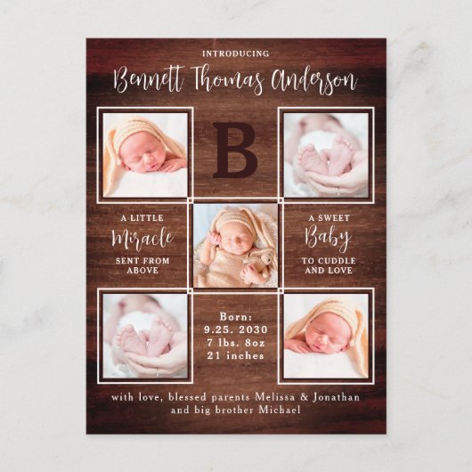 Rustic Personalized 5 Photo New Baby Announance Briefkaart (Voorkant)