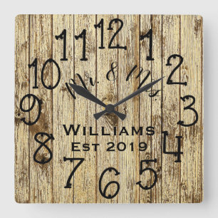 Rustic Personalized Brown Wood Custom Vierkante Klok