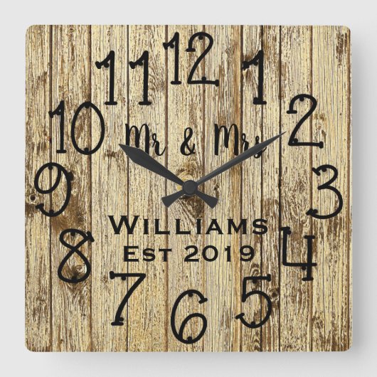 Rustic Personalized Brown Wood Custom Vierkante Klok (Voorkant)