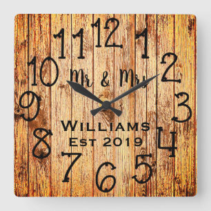 Rustic Personalized Brown Wood Custom Vierkante Klok