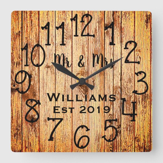 Rustic Personalized Brown Wood Custom Vierkante Klok (Voorkant)