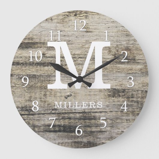 Rustic Personalized Farmhouse Wood Monogram Grote Klok (Voorkant)