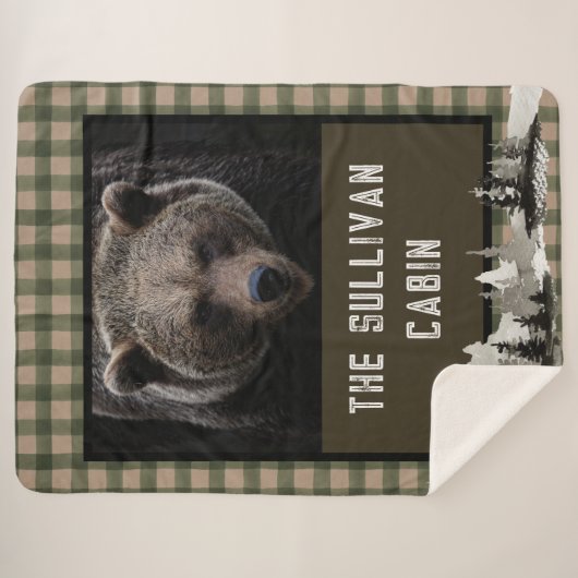 Rustic Personalized Forest Cabin Grizzly Beer Sherpa Deken (Voorkant (horizontaal))