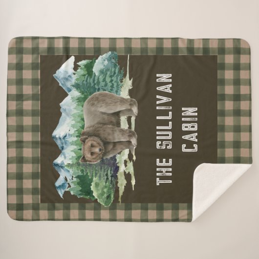 Rustic Personalized Forest Cabin Grizzly Beer Sherpa Deken (Voorkant (horizontaal))
