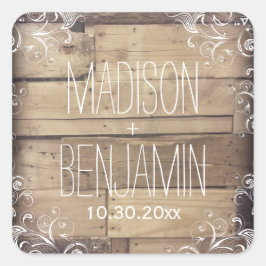 Rustic Personalized Wood Flourish Wedding Sticker
