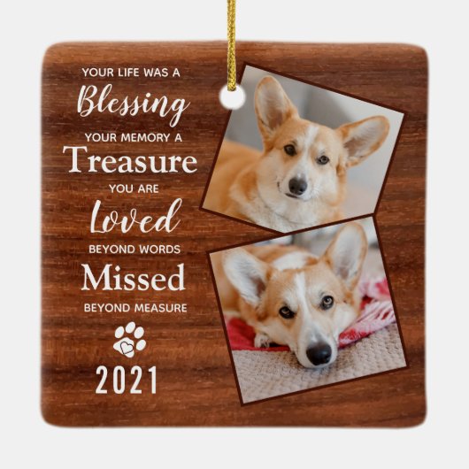 Rustic Pet Dog Memorial Keepslag 2 Foto Keramisch Ornament (Achterkant)