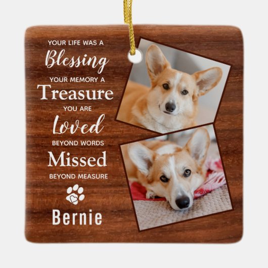 Rustic Pet Dog Memorial Keepslag 2 Foto Keramisch Ornament (Voorkant)