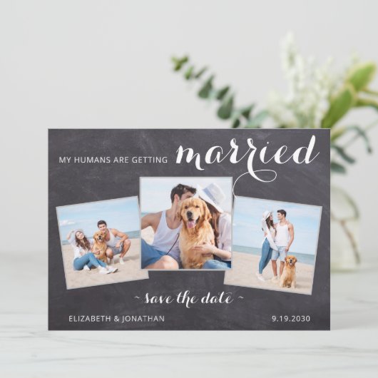 Rustic Pet Dog Wedding Persoonlijk 3 Foto Save The Date (Staand voorkant)