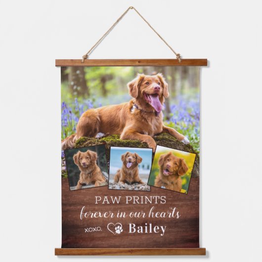 Rustic Pet Memorial Persoonlijk 4 Foto Dog Hangend Wandkleed (Voorkant)