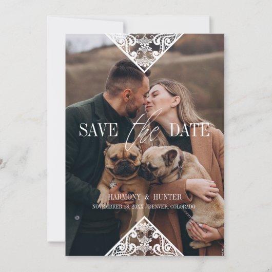 Rustic Pet Photo Lace Effect Whimsical Typography Save The Date (Voorkant)