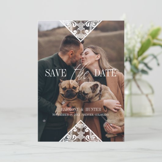 Rustic Pet Photo Lace Effect Whimsical Typography Save The Date (Staand voorkant)