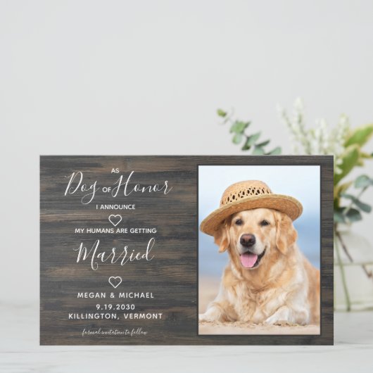 Rustic Pet Wedding Dog Foto bewaart datumkaarten (Staand voorkant)