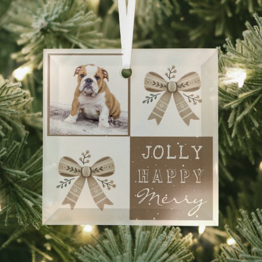 Rustic Photo Bow Jolly Happy Merry Christmas  Glas Ornament (Insitu)