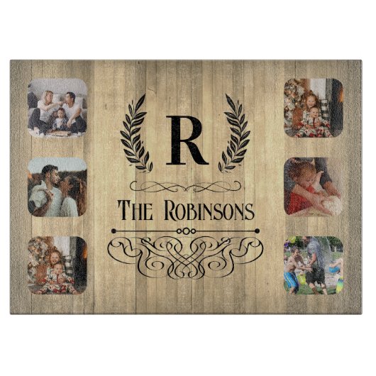 Rustic Photo Collage Familienaam & Monogram Snijplank (Voorkant)