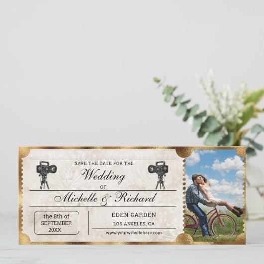 Rustic Photo  Movie Ticket Bewaar de Datum Kaart (Staand voorkant)