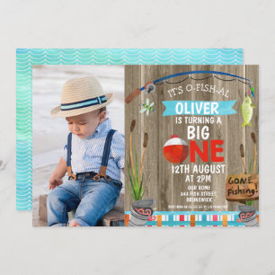 Rustic Photo O-Fish-Ally One Birthday Invitation Kaart