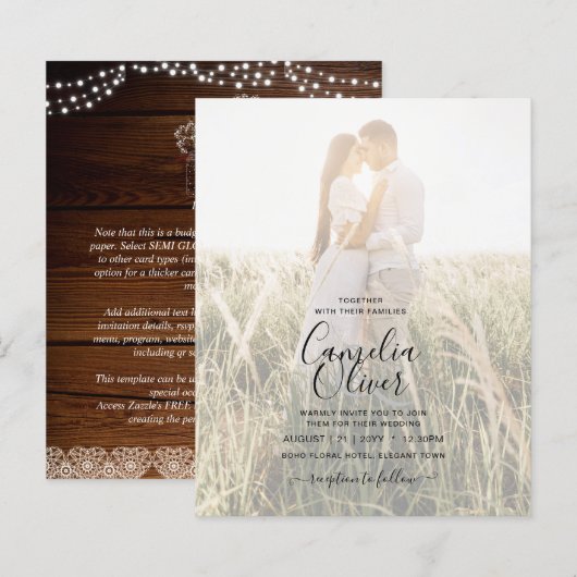 Rustic Photo Overlay Lace Wood Jars Wedding Invite (Voorkant / Achterkant)