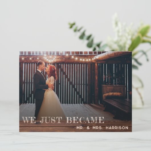 Rustic Photo Reception Just getrouwde Invitation Kaart (Staand voorkant)