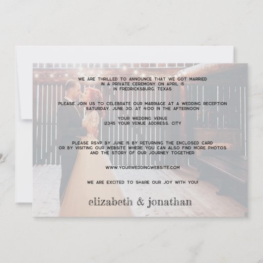 Rustic Photo Reception Just getrouwde Invitation Kaart (Achterkant)