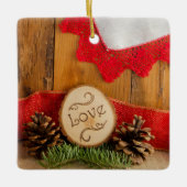 Rustic Pine and Red Lace Winter Woodland Wedding Keramisch Ornament (Voorkant)