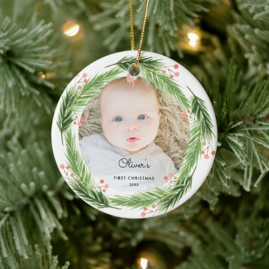 Rustic Pine Baby 1e kerstfoto Keramisch Ornament (Boom)