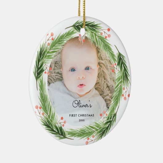 Rustic Pine Baby 1e kerstfoto Keramisch Ornament (Rechts)