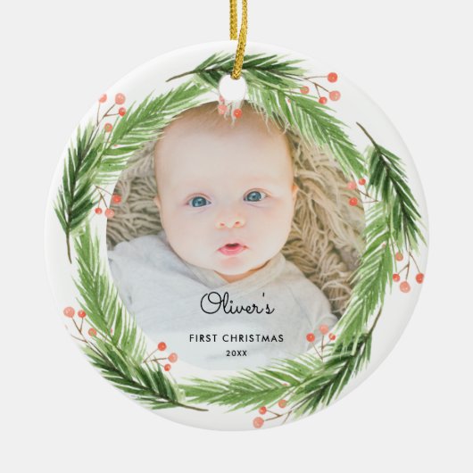 Rustic Pine Baby 1e kerstfoto Keramisch Ornament (Voorkant)