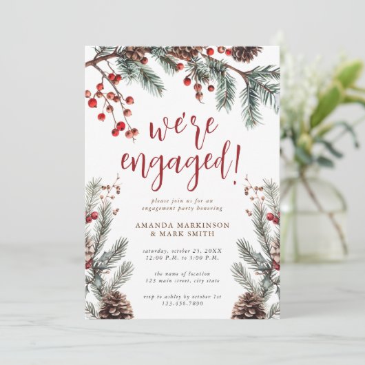 Rustic Pine & Berry Winter Engagement Party Kaart (Staand voorkant)