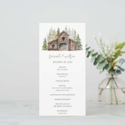 Rustic Pine Bossen Forest Barnyard Wedding Program Bedankkaart (Staand voorkant)