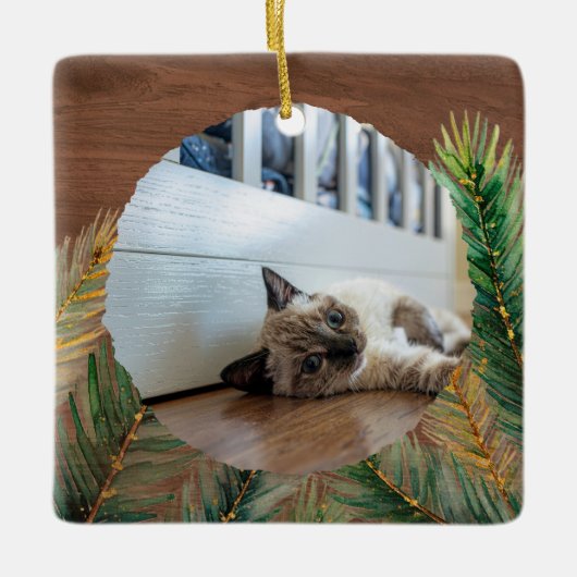 Rustic Pine Branch Pet's Eerste Kerst Keepsake Keramisch Ornament (Voorkant)