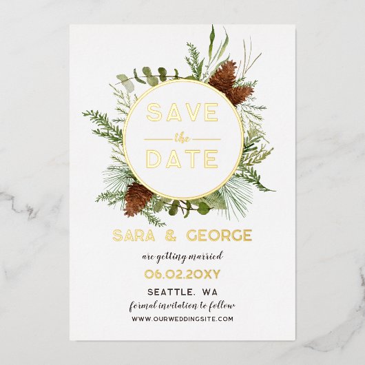 Rustic Pine Cone Fir Branches Photo Save the Date Folie Uitnodiging (Voorkant)