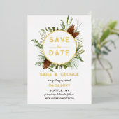 Rustic Pine Cone Fir Branches Photo Save the Date Folie Uitnodiging (Staand Voorkant)