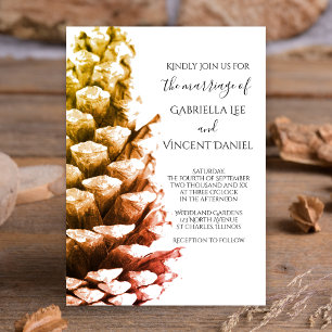 Rustic Pine Cone on White Woodland Wedding Kaart