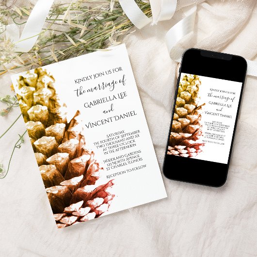 Rustic Pine Cone on White Woodland Wedding Kaart