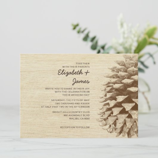 Rustic Pine Cone Wedding Invitations Kaart (Staand voorkant)