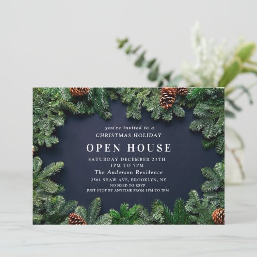 Rustic Pine Cones kerst Open House Kaart (Staand voorkant)