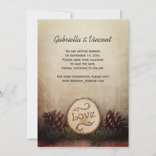 Rustic Pine Cones Woodland Wedding Save the Date (Voorkant)