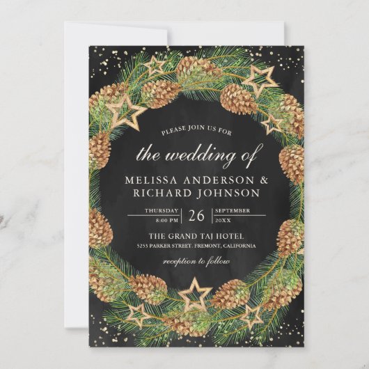 Rustic Pine Cones Wreath Black Kerstbruiloft Kaart (Voorkant)