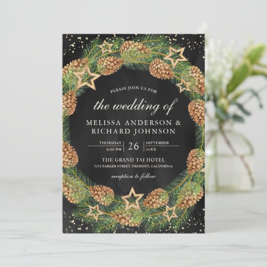 Rustic Pine Cones Wreath Black Kerstbruiloft Kaart (Staand voorkant)