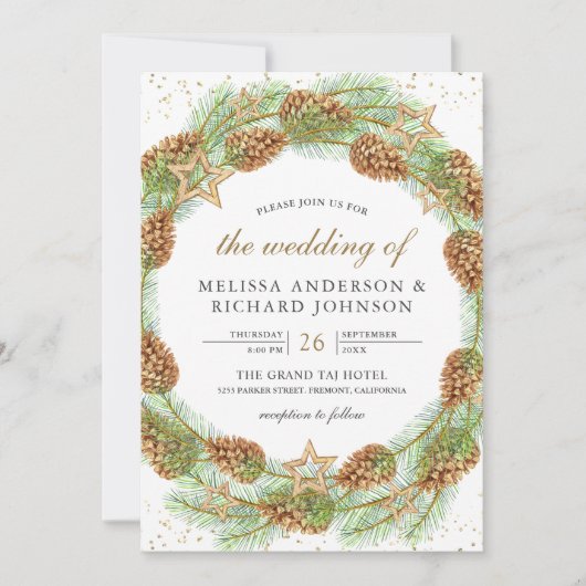 Rustic Pine Cones Wreath Kerstbruiloft Kaart (Voorkant)